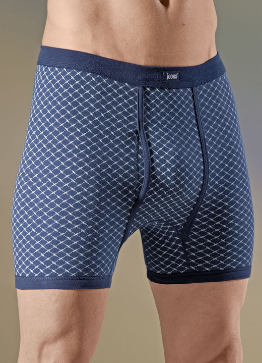 Herrenwäsche - Viererpack Unterhosen, allover dessiniert, in Größe 005 bis 014, in Farbe 2X MARINE-WEISS, 2X GRAU MELIERT-MARINE