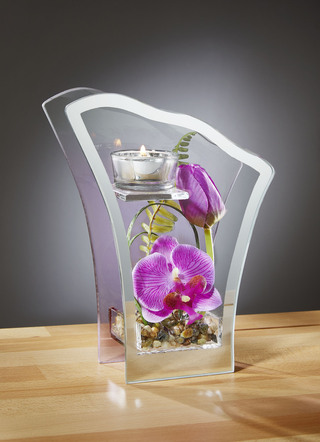 Glas-Teelichthalter mit Spiegelumrandung
