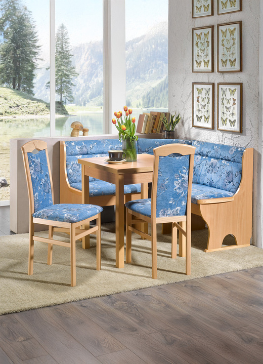 Stühle & Sitzbänke - Esszimmermöbel aus massiven Buchenholz, in Farbe BUCHE-BLAU, in Ausführung Eckbankgruppe, 4-teilig, groß Ansicht 1