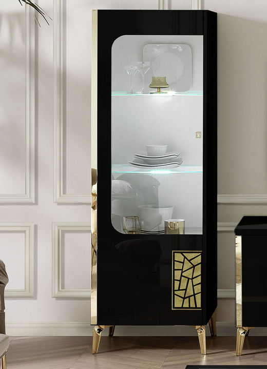 Vitrinen - Möbelprogramm mit LED-Beleuchtung, in Farbe SCHWARZ-GOLD, in Ausführung Vitrine, 1-türig, links Ansicht 1