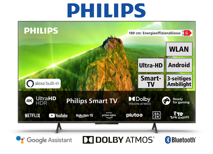 Fernseher - Philips 4K-Ultra-HD-Ambilight-LED-Fernseher mit 60 Hz, in Farbe SCHWARZ Ansicht 1