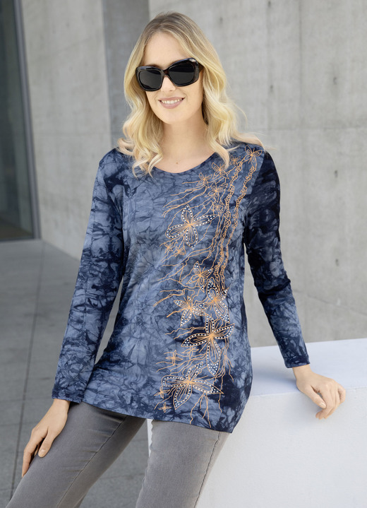 Langarm - Interessantes Shirt in Batikoptik in 3 Farben Langarm - Interessantes Shirt in Batikoptik in 3 Farben, in Größe 038 bis 054, in Farbe MARINE BATIK