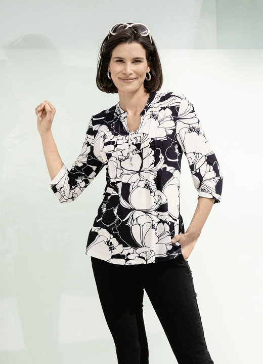 Tuniken - Shirt-Tunika mit Schlingenknopfleiste, in Größe 036 bis 054, in Farbe SCHWARZ-WEISS Ansicht 1