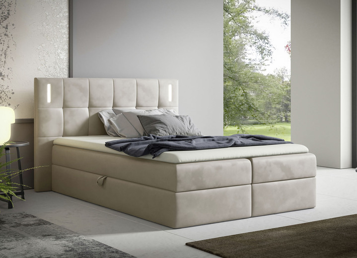 Boxspringbetten - Boxspringbett mit LED-Beleuchtung und Topper, in Farbe CREME Ansicht 1