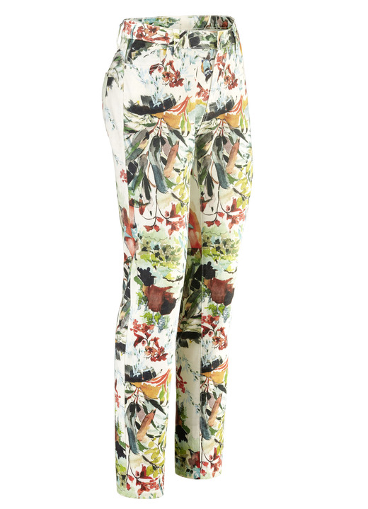 Hosen mit Knopf- und Reißverschluss - Hose mit farbbrillantem Druck Hosen mit Knopf- und Reißverschluss - Hose mit farbbrillantem Druck, in Größe 017 bis 050, in Farbe ECRU-GRÜN-ORANGE-BUNT