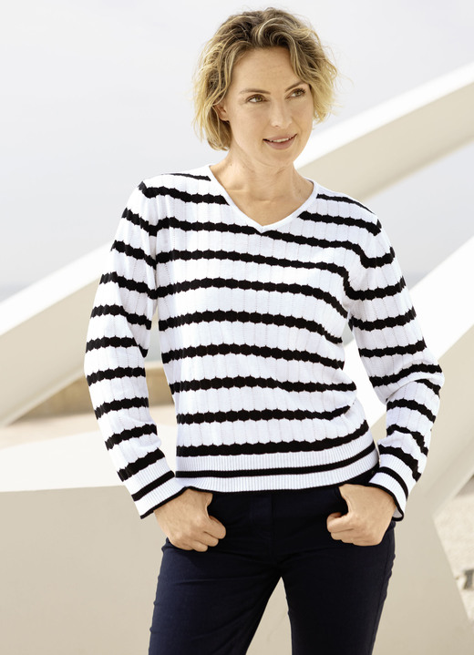 Pullover - Pullover in Feinstrick, in Größe 036 bis 052, in Farbe SCHWARZ-WEISS