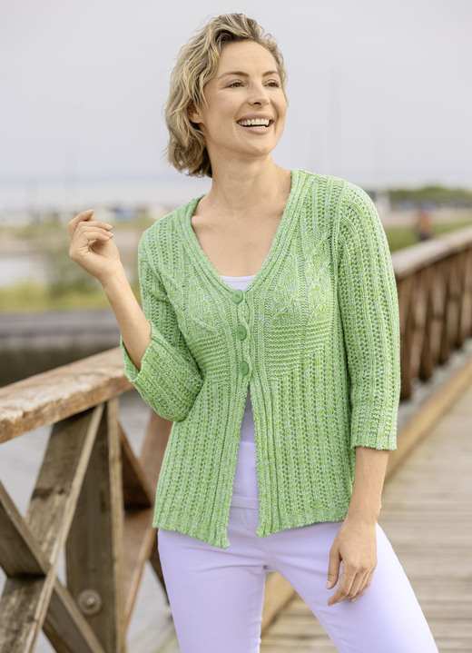 Basics - Strickjacke in feiner Melangeoptik Basics - Strickjacke in feiner Melangeoptik, in Größe 036 bis 052, in Farbe LIMETTE MELIERT