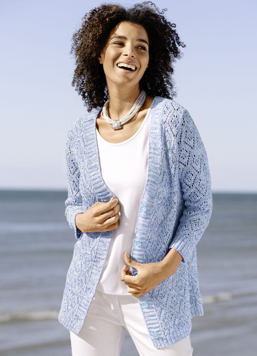 Strickjacken - Strickjacke aus Melangegarn Strickjacken - Strickjacke aus Melangegarn, in Größe 038 bis 054, in Farbe BLAU-WEISS