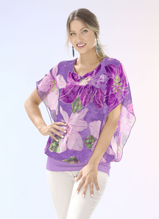 Kurzarm - Shirtbluse mit Chiffon-Überwurf in 2 Farben, in Größe 036 bis 052, in Farbe FLIEDER-AUBERGINE-BEIGE Ansicht 1