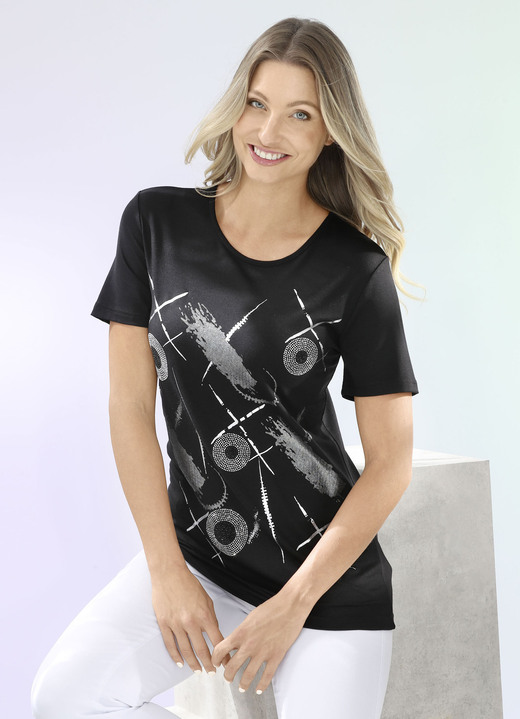 Kurzarm - Shirt mit silberfarbenem Kontrast-Druck Kurzarm - Shirt mit silberfarbenem Kontrast-Druck, in Größe 036 bis 052, in Farbe SCHWARZ