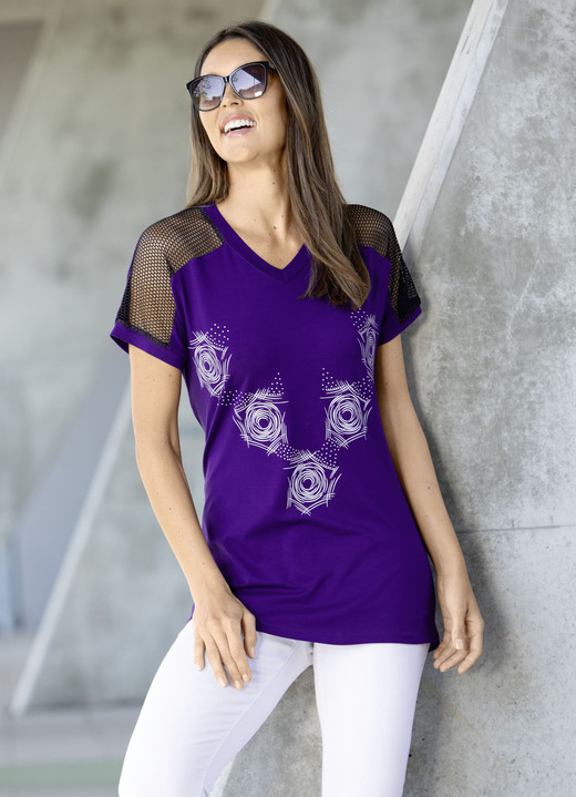 Kurzarm - Longshirt mit Kontrast-Druck in 2 Farben Kurzarm - Longshirt mit Kontrast-Druck in 2 Farben, in Größe 038 bis 054, in Farbe LILA