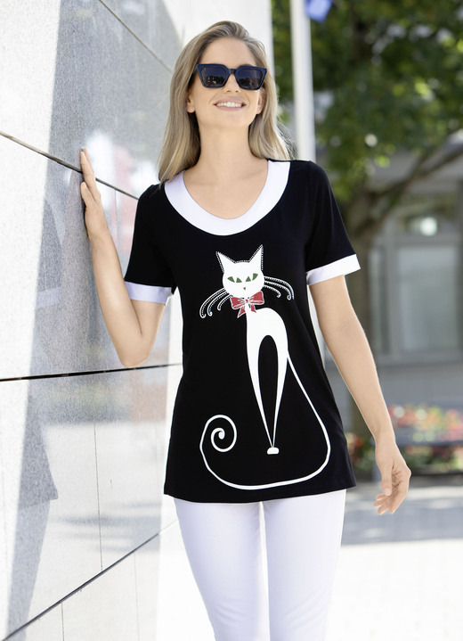 Kurzarm - Longshirt mit Katzen-Motiv, in Größe 038 bis 056, in Farbe SCHWARZ