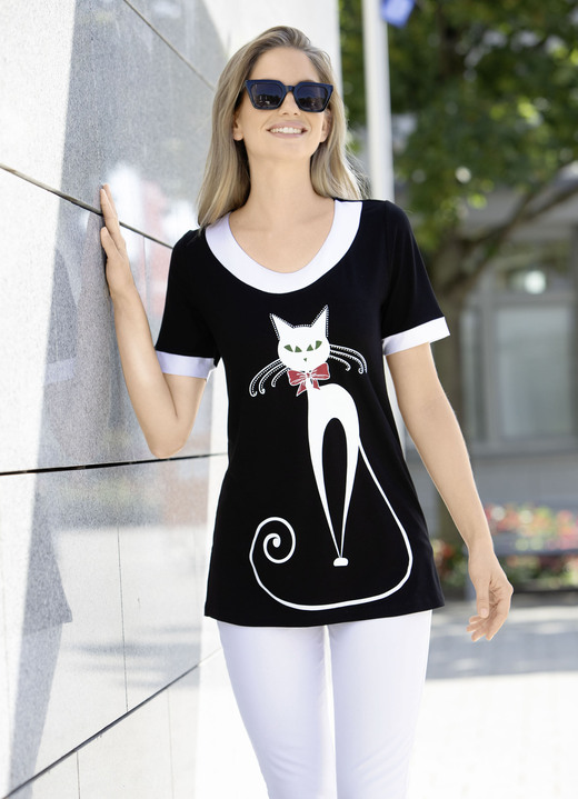 Kurzarm - Longshirt mit Katzen-Motiv, in Größe 038 bis 054, in Farbe SCHWARZ