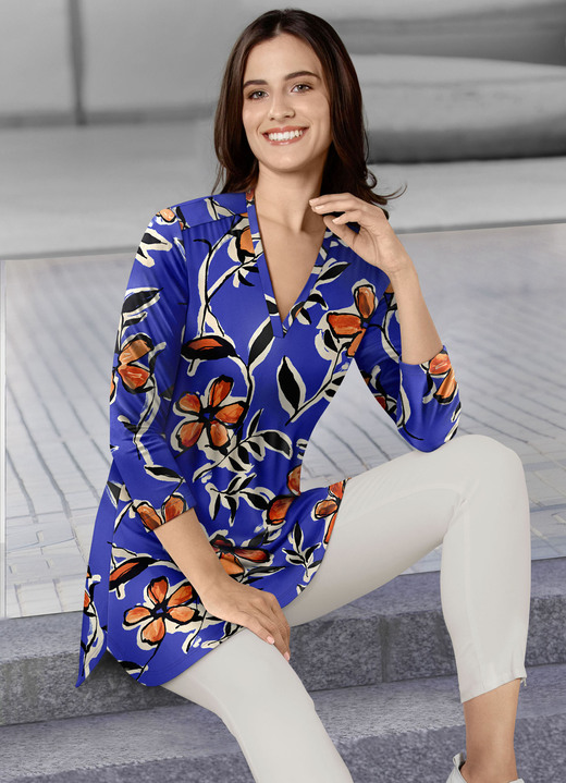 Blusen & Tuniken - Shirt-Tunika mit Inkjet-Druck, in Größe 036 bis 054, in Farbe INDIGOBLAU-BUNT