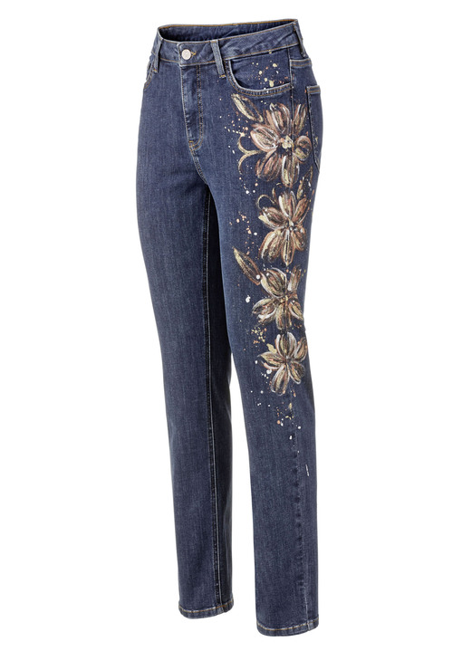 Jeans - Edel-Jeans mit handbemalten, floralen Motiven, in Größe 017 bis 052, in Farbe DUNKELBLAU Ansicht 1
