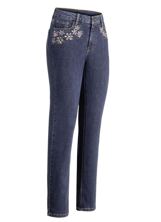 Jeans - Jeans mit handbemalten, floralen Motiven Jeans - Jeans mit handbemalten, floralen Motiven, in Größe 017 bis 052, in Farbe DUNKELBLAU