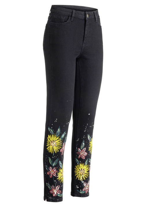 Hosen mit Knopf- und Reißverschluss - Jeans mit handbemalten, floralen Motiven Hosen mit Knopf- und Reißverschluss - Jeans mit handbemalten, floralen Motiven, in Größe 017 bis 052, in Farbe SCHWARZ