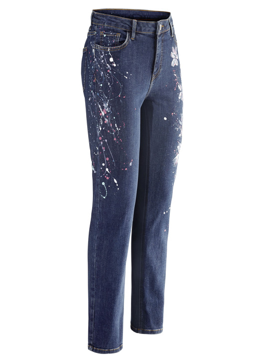 Hosen mit Knopf- und Reißverschluss - Jeans mit hanbemalten, floralen Motiven, in Größe 017 bis 052, in Farbe DUNKELBLAU Ansicht 1