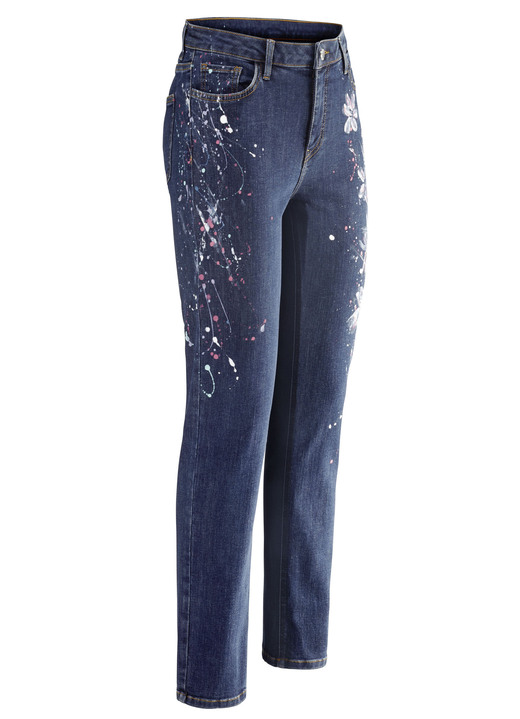 Hosen mit Knopf- und Reißverschluss - Jeans mit handbemalten, floralen Motiven Hosen mit Knopf- und Reißverschluss - Jeans mit handbemalten, floralen Motiven, in Größe 017 bis 052, in Farbe DUNKELBLAU