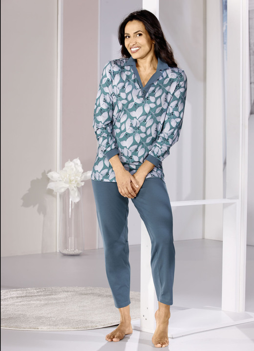 Schlafanzüge & Shortys - Schlafanzug, Langarm mit Ein-Knopfverschluss und knöpfbaren Bündchen, in Größe 036 bis 054, in Farbe PETROL-SALBEI
