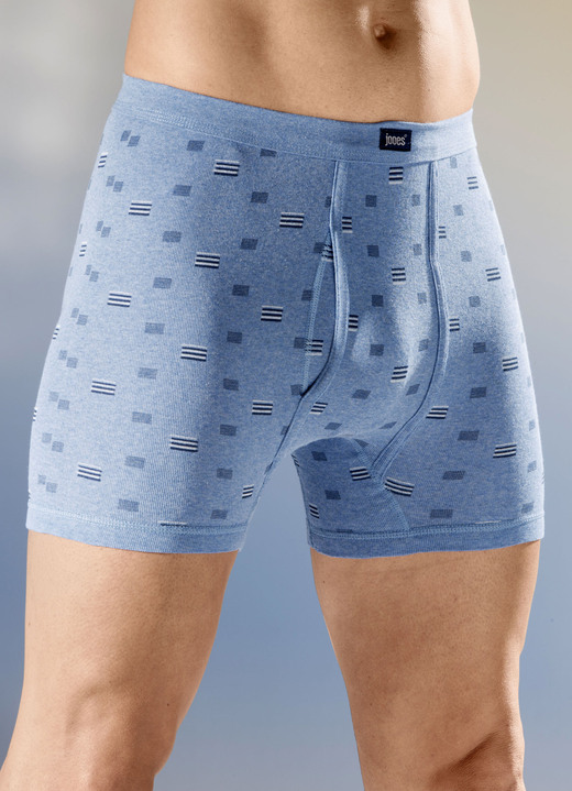 Slips & Unterhosen - Viererpack Unterhosen aus Feinripp, allover dessiniert, in Größe 005 bis 014, in Farbe 2X JEANSBLAU MELIERT-BUNT, 2X GRAU MELIERT-BUNT