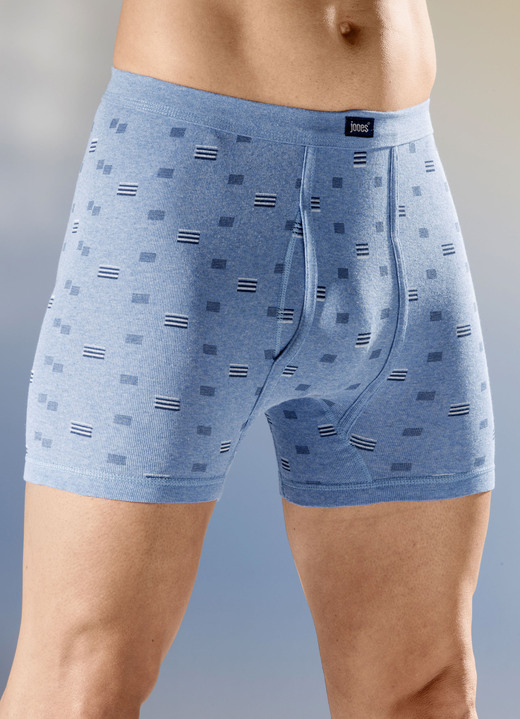 - Viererpack Unterhosen aus Feinripp, allover dessiniert, in Größe 005 bis 014, in Farbe 2X JEANSBLAU MELIERT-BUNT, 2X GRAU MELIERT-BUNT