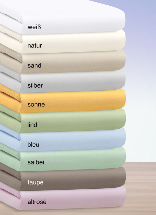 Janine - Hochwertige Elastic-Mako-Feinjersey-Spannbetttücher, in Größe 133 (1 Spannbetttuch, 100/200 cm) bis 938 (1 Topper-Spannbetttuch,200/200 cm), in Farbe BLEU Ansicht 1