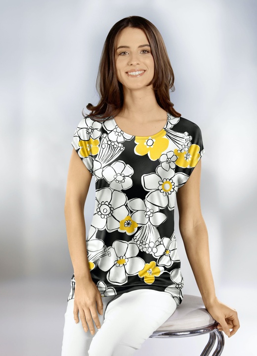Kurzarm - Ausdrucksvolles Shirt mit leicht abgerundetem Saum, in Größe 038 bis 054, in Farbe ECRU-SCHWARZ