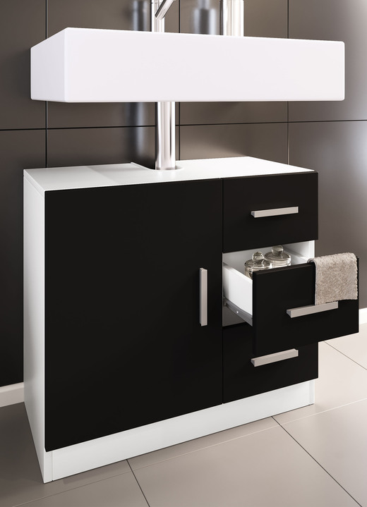Badezimmermöbel - Modernes Badmöbel-Programm, in Farbe WEISS-SCHWARZ, in Ausführung Waschbecken-Unterschrank mit 3 Schubladen Ansicht 1