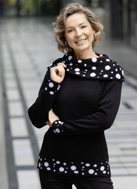 Langarm - Pullover mit Punktedessin, in Größe 036 bis 052, in Farbe SCHWARZ-WEISS