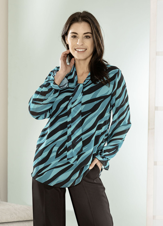 Langarm - Bluse mit Schluppe am Halsausschnitt Langarm - Bluse mit Schluppe am Halsausschnitt, in Größe 036 bis 052, in Farbe SCHWARZ-PETROL