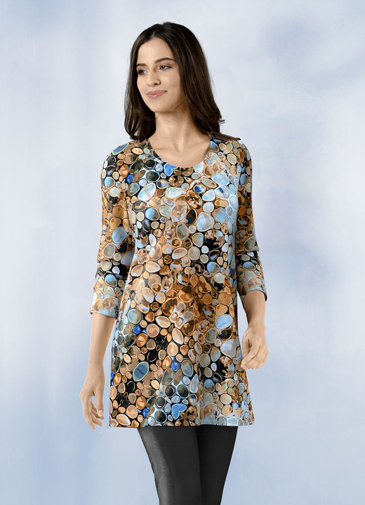 3/4-Arm - Longshirt mit Allover-Druck, in Größe 036 bis 048, in Farbe BLAU-BRAUN-SCHWARZ