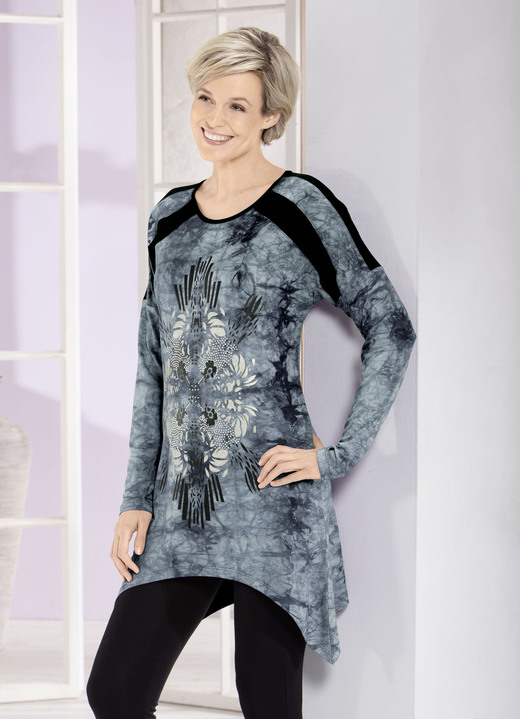 Langarm - Longshirt in aktueller Batik-Optik in 2 Farben, in Größe 038 bis 056, in Farbe GRAU BATIK Ansicht 1