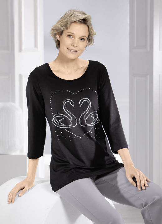 3/4-Arm - Shirt mit edler Strasszier in 2 Farben, in Größe 038 bis 052, in Farbe SCHWARZ Ansicht 1