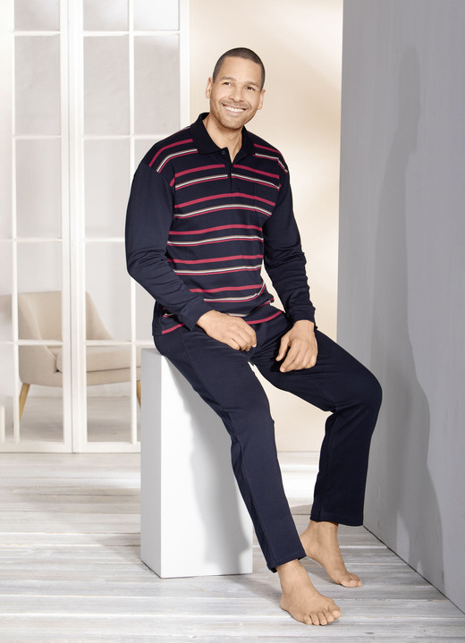 Homewear - Hausanzug mit Streifendessin, in Größe 024 bis 062, in Farbe MARINE-ROT-BUNT