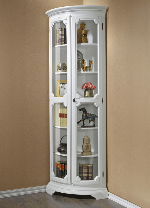 Vitrinen - Teilmassive Eckvitrine mit gebogenen Glastüren mit Schloss, in Farbe WEISS, in Ausführung klein, 1-türig Ansicht 1