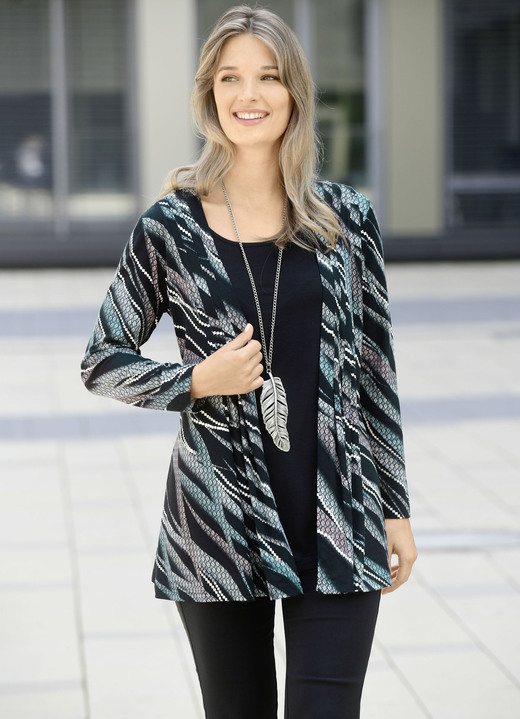 Langarm - Longshirt in Jacken-Optik Langarm - Longshirt in Jacken-Optik, in Größe 038 bis 056, in Farbe SCHWARZ-ECRU-PETROL