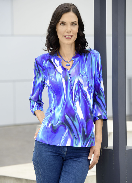 Tuniken - Shirt-Tunika mit attraktiver Biesenzier, in Größe 036 bis 054, in Farbe ROYALBLAU-WEISS-SMARAGDGRÜN-BUNT Ansicht 1