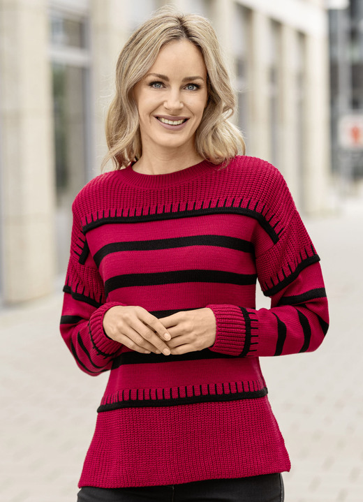 Langarm - Pullover mit Ringeln, in Größe L(44/46) bis XS(32/34), in Farbe ROT-SCHWARZ Ansicht 1