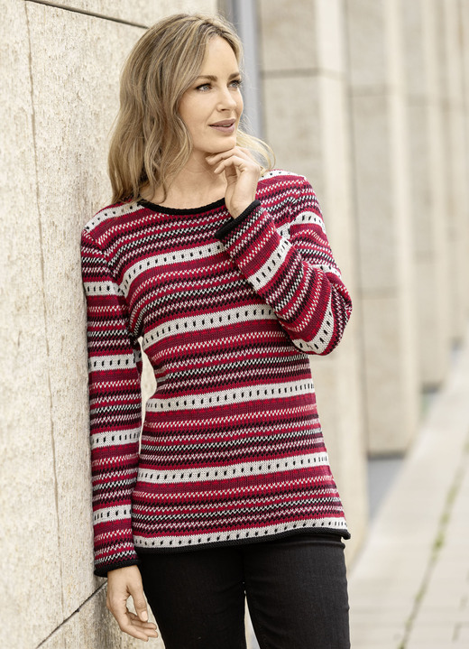 Langarm - Pullover in dekorativem Ringelmuster Langarm - Pullover in dekorativem Ringelmuster, in Größe L(44/46) bis XS(32/34), in Farbe BORDEAUX-ROT-MULTICOLOR