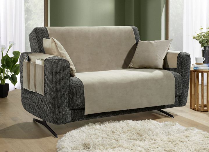 Sessel- & Sofaüberwürfe - Samtweiche Sessel- und Sofaschoner mit Anti-Rutsch-Rückseite, in Größe 101 (Sesselschoner, 50x140 cm) bis 904 (Kissenbezug, 40x 40 cm), in Farbe STEIN Ansicht 1