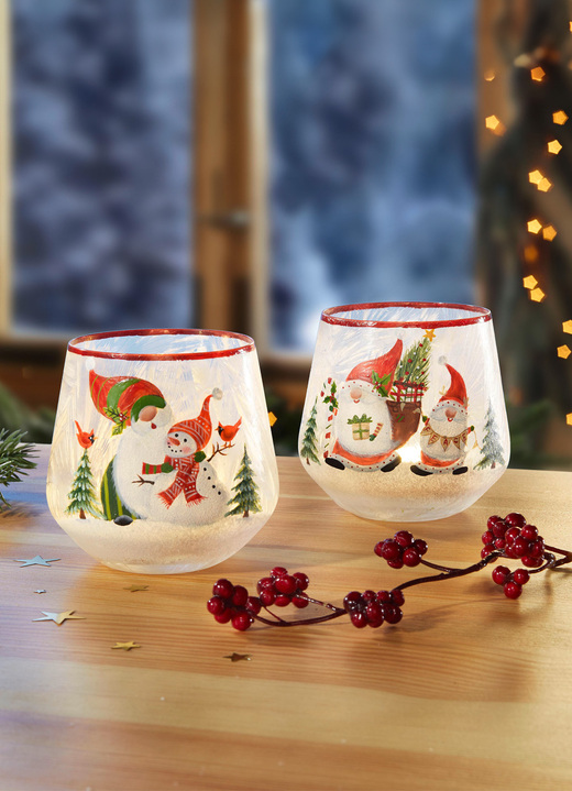 Weihnachtliche Dekorationen - Windlicht aus Glas, 2er-Set, in Farbe WEISS-ROT-GRÜN Ansicht 1