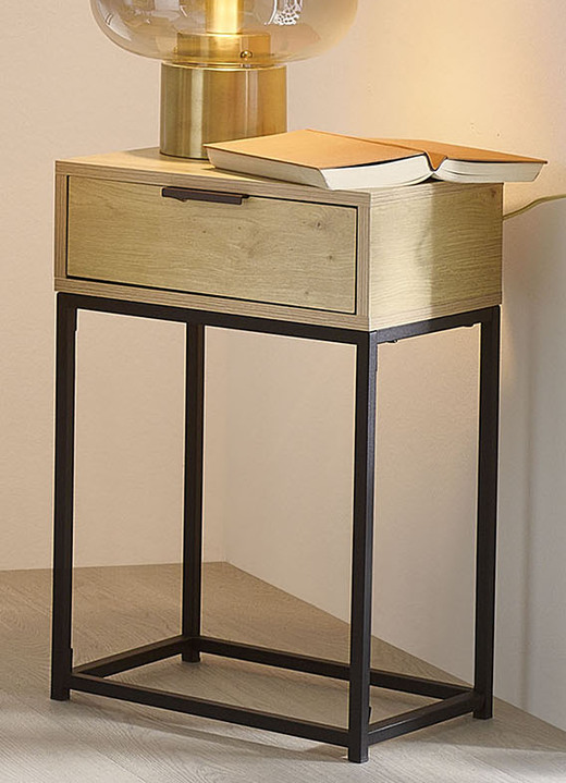 Beistelltische - Konsole mit pulverbeschichtetem Stahlrohr-Gestell, in Farbe EICHE-SCHWARZ, in Ausführung schmal Ansicht 1