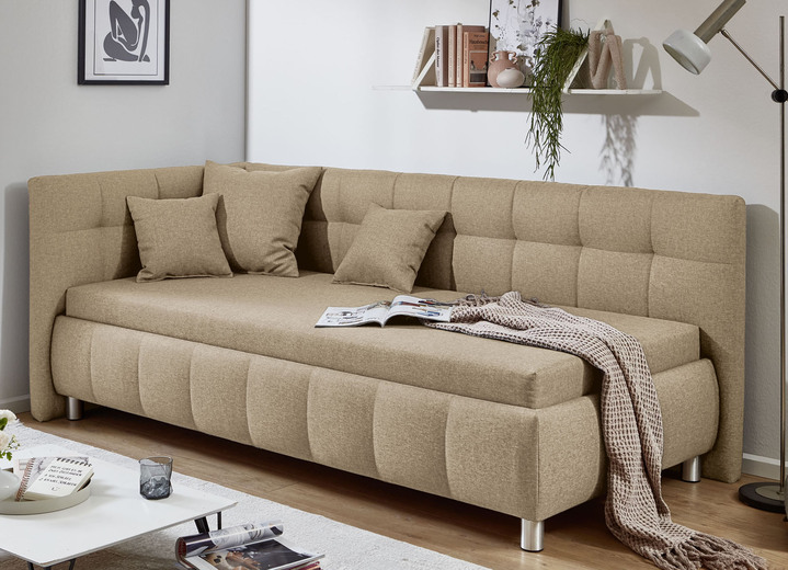 Schlafsofas - Studioliege mit Kissen-Set, 3-teilig, und Bettkasten, in Farbe BEIGE, in Ausführung Kopfteil links, mit Federkern-Festpolsterung Ansicht 1