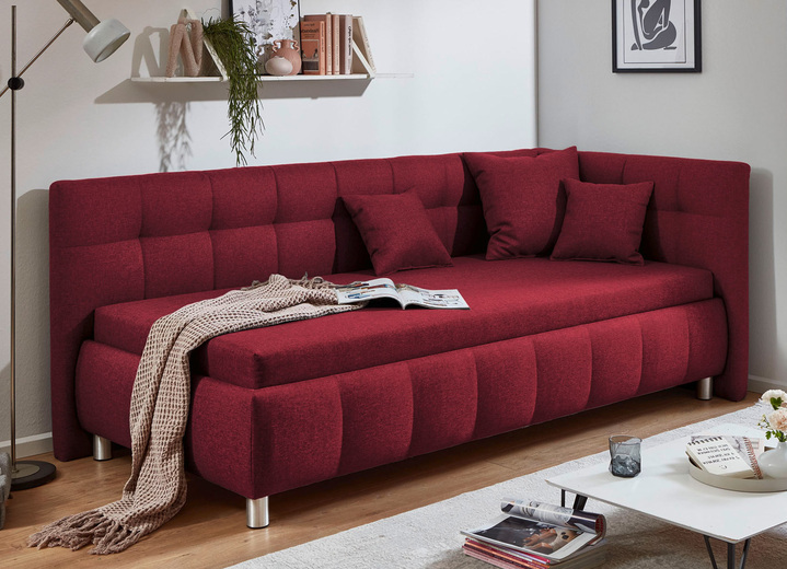 Schlafsofas - Studioliege mit Kissen und Bettkasten, in Farbe ROT, in Ausführung Kopfteil rechts, mit Federkern-Festpolsterung Ansicht 1