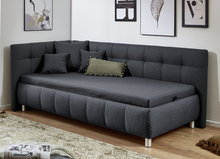 Schlafsofas - Studioliege mit Kissen und Bettkasten, in Farbe ANTHRAZIT, in Ausführung Kopfteil links, mit Bonnellfederkern-Matratze Ansicht 1