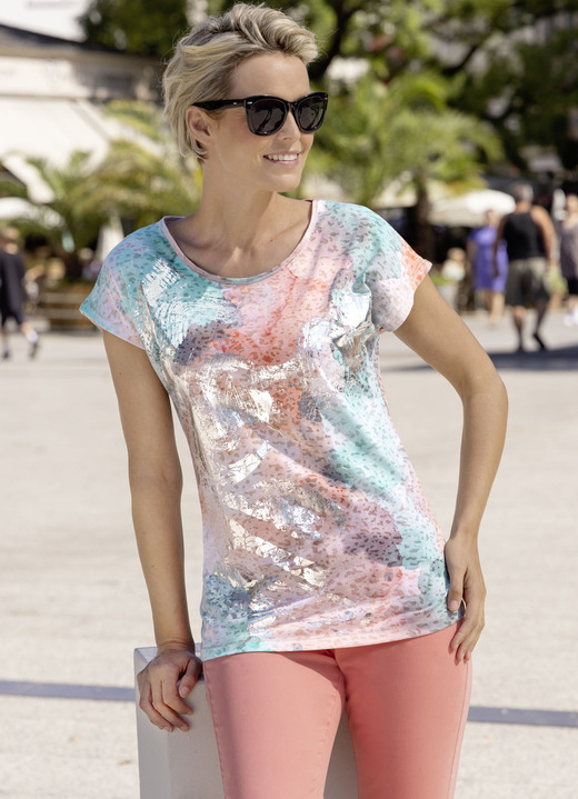 Kurzarm - Shirt mit silberfarbenem Foliendruck, in Größe 036 bis 052, in Farbe MINT-LACHS Ansicht 1