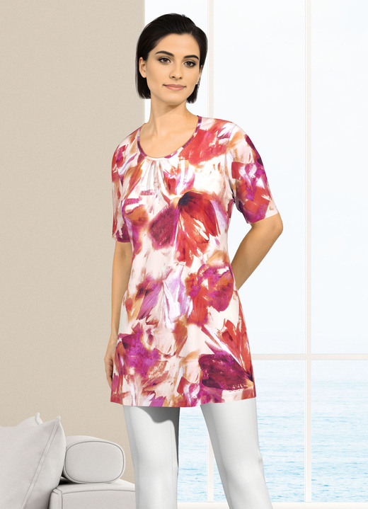 Kurzarm - Longshirt mit dezenter Kräuselung im Vorderteil Kurzarm - Longshirt mit dezenter Kräuselung im Vorderteil, in Größe 040 bis 056, in Farbe PINK-ORANGE