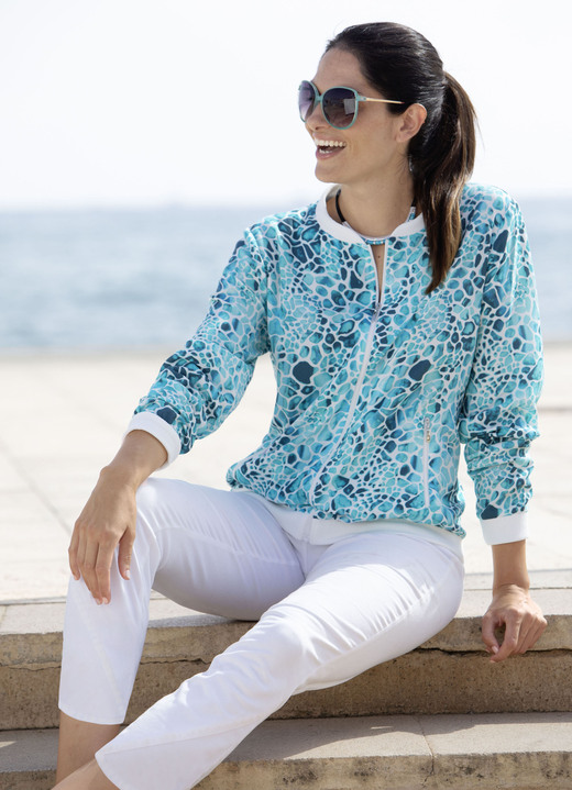 Blusen - Blusenjacke mit Rippenstrick Blusen - Blusenjacke mit Rippenstrick, in Größe 036 bis 052, in Farbe TÜRKIS-WEISS-AQUA-BUNT