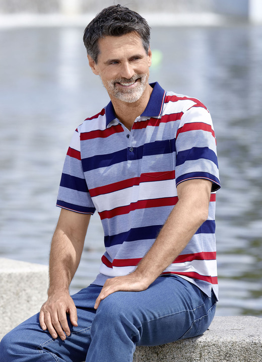 Shirts - Poloshirt mit Brusttasche, in Größe 046 bis 062, in Farbe HELLBLAU-MARINE-WEISS-ROT Ansicht 1